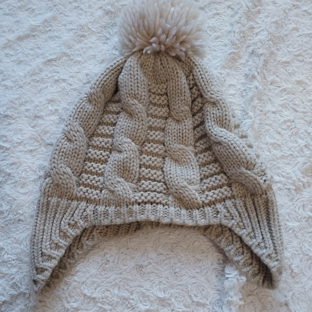 Adult Cable Knit Pom-Pom Hat Ear Flaps Beige Tan Beige Winter Skiing Neutral